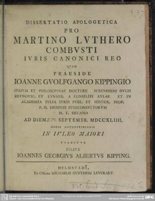 Dissertatio Apologetica Pro Martino Luthero Combusti Iuris Canonici Reo