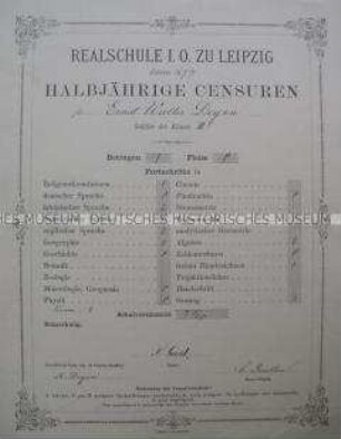 Halbjahreszeugnis der Realschule I. Ordnung zu Leipzig, Klasse III c, für Walter Degen; Leipzig, Ostern 1877