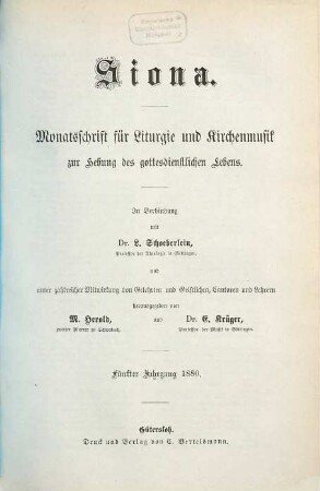 Siona : Monatsschrift für Liturgie und Kirchenmusik zur Hebung des gottesdienstlichen Lebens. 5. 1880