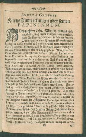 Andreae Gryphii Kurtze Anmerckungen über seinen Papinianum.