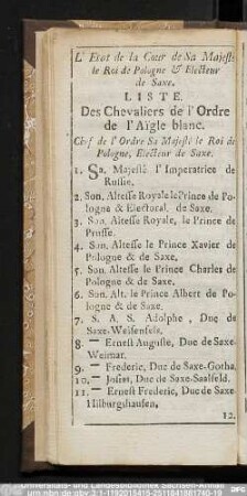 Liste. Des Chevaliers de l'Ordre de l'Aïgle blanc.