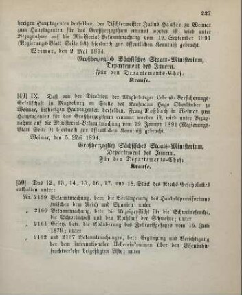 49. Ministerial-Bekanntmachung, Wechsel der Hauptagentur der Magdeburger Lebens-Versicherungs-Gesellschaft in Magdeburg betreffend