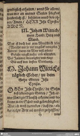M. Johann Wittichs täglich Gebet, zu dem Sohn Gottes Jesu Christo