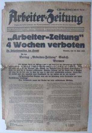 Notausgabe der kommunistischen "Arbeiter-Zeitung" mit der Meldung des befristeten Verbots