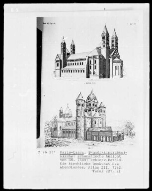 Schematische Ansicht der Benediktinerabtei Maria Laach von der Seeseite