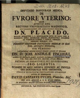 Dispvtatio Inavgvralis Medica, De Fvrore Vterino