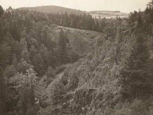 Pöhl-Jocketa. Blick über Triebtal gegen Loreleyfelsen