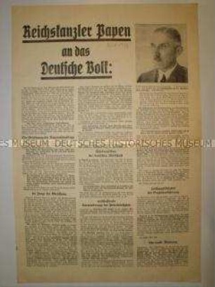 Sonderdruck mit Aufruf von Reichskanzler Franz von Papen an das deutsche Volk zur Unterstützung von Hindenburg