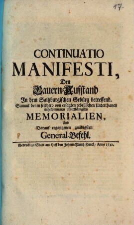 Continuatio Manifesti, den Bauern-Auffstand in dem Saltzburgischen Gebürg betreffend