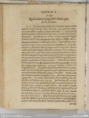 Sectio I. in qua Quibusdam praesuppositis Status quaestionis formatur