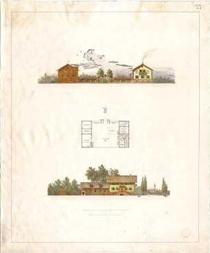Neureuther, Gottfried von; Bauernhof, Entwurf - Grundriss, Aufrisse