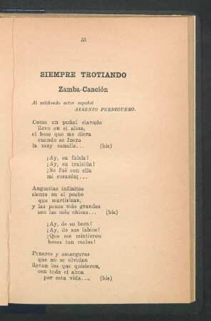 Siempre trotiando : Zamba-Canción. - Al celebrado actor español Arsenio Perdiguero.