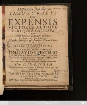 Dissertatio Iuridica Inauguralis De Expensis Victoriae Aliisque Varii Iuris Capitibus