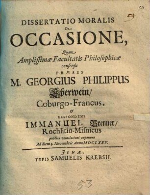 Dissertatio Moralis De Occasione