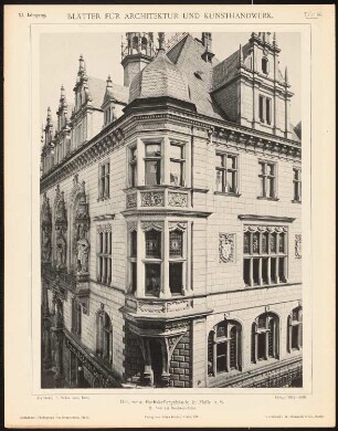 Ratskeller, Halle/Saale: Ansicht von Nordwesten (aus: Blätter für Architektur und Kunsthandwerk, 11. Jg., 1898, Tafel 56)
