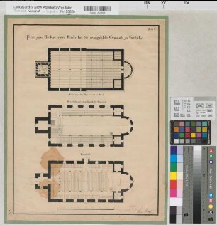 Herdecke (Herdecke) ev. Kirche Entwurf Grundriß, Emporengrundriß, Balkenlage 1843 70 Fuß = 13,05 cm 49 x 37 Zeichnung Althof