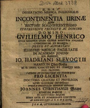 Dissertatio Medica Inauguralis De Incontinentia Urinae