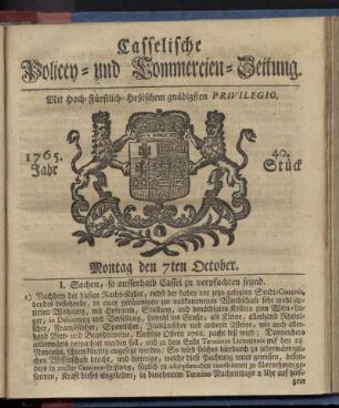 40. Stueck, Montag den 7ten October 1765