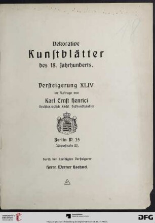 Versteigerung von dekorativen Kunstblättern des 18. Jahrhunderts : den 15. April 1918 (Katalog Nr. 44)