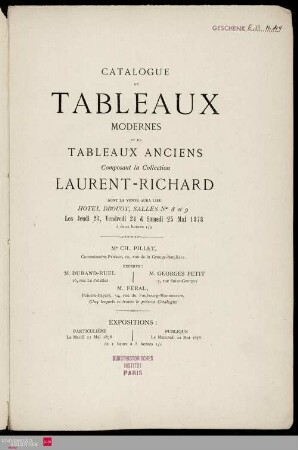 Catalogue de tableaux modernes et de tableaux anciens composant la collection Laurent-Richard, dont la vente aura lieu Hôtel Drouot les jeudi 23, vendredi 24 samedi 25 mai 1878