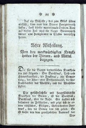 Achte Abtheilung. Von den merkwürdigsten Krankheiten der Bienen, und Mittel dagegen