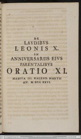 XI. De laudibus Leonis X. in anniversariis eius parentalibus