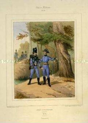 Uniformdarstellung, Offizier und Gemeiner des Jäger-Korps, Österreich, 1840/1850. Tafel Nr. 113 aus: Galerie Militaire.