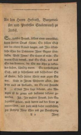 An den Herrn Hofrath, Burgemeister und Professor Stubenrauch zu Zerbst.
