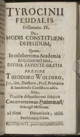 Tyrocinii Feudalis Dissertatio IV. De Modis Constituendi Feudum, ...