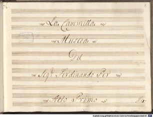 Camilla, V (9), Coro, orch, PaWV 19 - BSB Mus.ms. 3729 : [spine title, vol.1, 2:] PAER // LA CAMMILLA // 1 [for vol.2: 2] // P. B. // [title page, vol.1, 2, f.1r:] La Cammilla // Musica // Del // Sig r e: Ferdinando Per // Atto Primo [vol.2: Secondo] // [at right, vol.1:] F: 61- [vol.2:] F: 46 1/2 // [title page, vol.2, f.183:] La Cammilla // Musica // Del // Sig r e Ferdinando Per // Atto Terzo // [at right:] F: 19 1/2