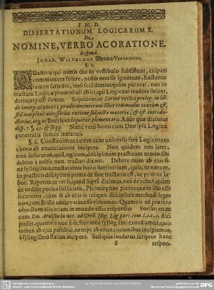 Dissertationum Logicarum X. De Nomine, Verbo Acoratione
