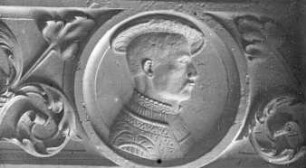 Halle (Saale), Marktkirche St. Marien, Medaillon von Thomas Rinckler, über der westl. Orgelempore; Nickel Hoffmann; Thomas Rinckler