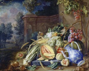 Stillleben mit Gemüse und Früchten vor einer Gartenbalustrade