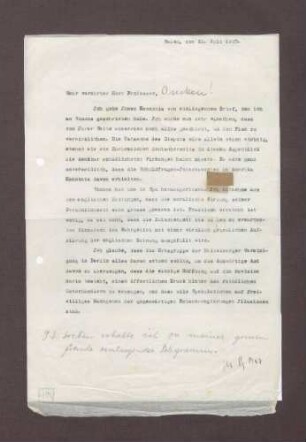 Schreiben von Prinz Max von Baden an Hermann Oncken; Bedeutung von Walter Simons bei den Verhandlungen in Spa