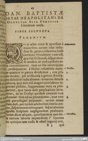 IOAN. BAPTISTAE PORTAE NEAPOLITANI DE Occvltis Sive Fvrtivis Literarum notis. LIBER SECVNDVS.