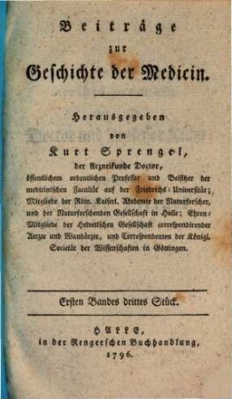 Beiträge zur Geschichte der Medicin, 3. 1796 = Bd. 1