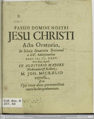 Passio domini nostri Jesu Christi actu oratorio