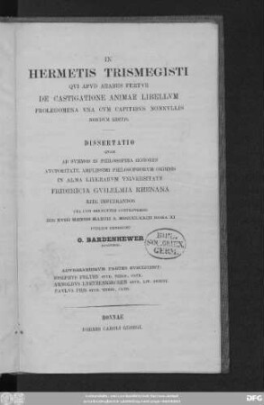 In Hermetis Trismegisti qui apud Arabes fertur de castigatione animae libellum prolegomena una cum capitibus nonnullis nondum editis : Dissertatio