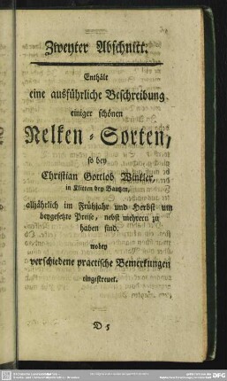Zweyter Abschnitt. Enthält eine ausführliche Beschreibung einiger schönen Nelken-Sorten
