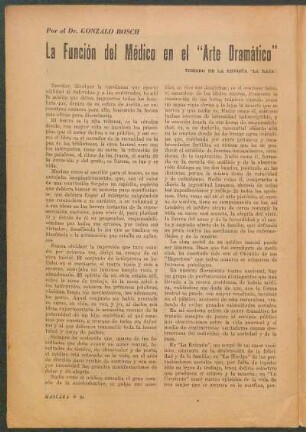 La Función del Médico en el "Arte Dramático" : Tomado de la Revista "La Raza"