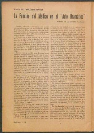 La Función del Médico en el "Arte Dramático" : Tomado de la Revista "La Raza"