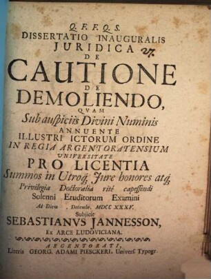 Disp. inaug. iur. de cautione de demoliendo