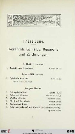 I. Abteilung. Gerahmte Gemälde, Aquarelle und Zeichnungen (Nr. 1-237)