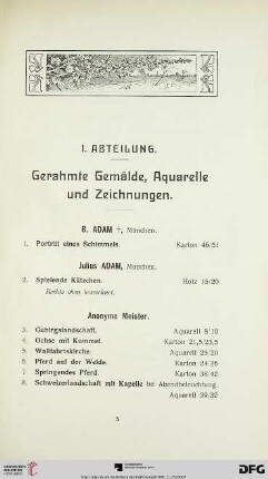 I. Abteilung. Gerahmte Gemälde, Aquarelle und Zeichnungen (Nr. 1-237)