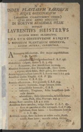 N. I.: ... Index Plantarvm Rariorvm Atqve Officinalivm (Indigenis Vvlgatioribvs Omissis) Qvas Hoc Anno MDCCXXX In Hortvm Academiæ Iuliæ Intvlit