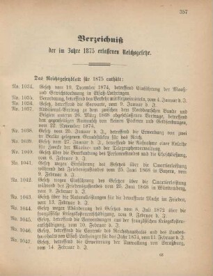 Verzeichniß der im Jahre 1875 erlassenen Reichsgesetze