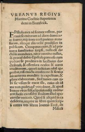 Urbanus Regius Martino Gorlitio Superintendenti in Brunsvick.