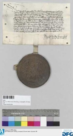 König Sigismund befiehlt der Stadt Nürnberg, die jährliche Reichssteuer für das Jahr 1425 seinem Hofmeister und Rat, dem Grafen Ludweigen zu Ottingen auszubezahlen und stellt darüber Quittung aus.
