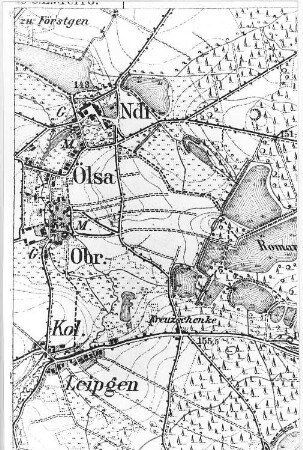 Mücka-Förstgen-Ost (vormals Ober- und Nieder Ölsa). Meßtischblatt, 1:25.000, Sekt. Niesky, 1886
