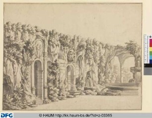 Narcissus (III. Akt, Szene 9): Felsiger Brunnenplatz. Fünf Linkskulissen. Halbentwurf links